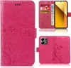 A collage of images showing a pink flip phone case with a floral and butterfly design, including views of the case open with cards and money inserted, and a view of the back with a camera cutout. Produktbild-Vorschau
