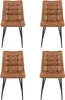 Four brown dining chairs with black legs are arranged in a grid on a white background.