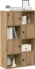 A wooden bookshelf with several compartments, some closed with doors and some open, filled with decorative items and books. Podgląd zdjęcia produktu