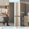 A man carrying a folded step stool next to a refrigerator, with text overlays highlighting features. Voir les images du produit