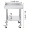 A stainless steel work table with wheels and dimensions indicated by measurement lines. Produktbild-Vorschau