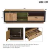 A diagram of a TV stand with dimensions labeled, showing different compartments and drawers. Below the diagram are two close-up views of the interior of a cabinet and a drawer. Anteprima dell’immagine prodotto