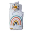 A bedding set with a rainbow and sun pattern, laid out flat. Produktbild-Vorschau