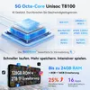 Marketing image showcasing the Unisoc T8100 5G processor and its features, along with a smartphone displaying storage and RAM specifications. Produktbild-Vorschau