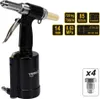 A black pneumatic rivet gun with technical specifications and accessories shown. Náhľad obrázku produktu
