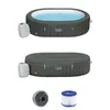 A top-down view of an inflatable hot tub filled with water, and a side view of the same hot tub deflated. Below are two accessories: a filter and a pump component. Produktbild-Vorschau