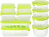 A set of clear plastic food storage containers with green lids, arranged in stacks. Náhled obrázku produktu
