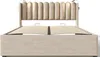 A beige upholstered bed frame with a slatted base and a tufted headboard with integrated reading lights. Náhled obrázku produktu
