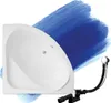 A white corner bathtub with a drain assembly and accessories, set against a blue brushstroke background.