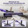 A close-up view of a purple vacuum cleaner head with LED lights, showing it cleaning up coffee beans on a floor. In the background, a child and a dog are visible. Two smaller diagrams illustrate the vacuum cleaner's maneuverability at 180 and 90 degrees. Voir les images du produit