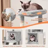 A cat tree with multiple levels and features, shown with a cat on the top perch and close-ups of specific features. Podgląd zdjęcia produktu