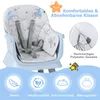 A baby high chair with a patterned cushion and various feature icons at the bottom. Podgląd zdjęcia produktu