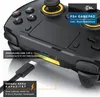 A close-up view of a black game controller with yellow accents, showing connection ports and battery information. Produktbild-Vorschau