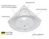 A diagram of a white corner bathtub with labels pointing out its features. Produktbild-Vorschau