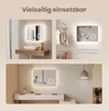 Collage of images showing a LED bathroom mirror in different settings: above a sink, in a dressing room, and in a bedroom. Náhľad obrázku produktu