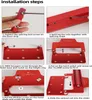 A collage of six images showing the steps to assemble a red metal guide rail system. Podgląd zdjęcia produktu