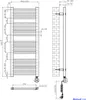 Technical drawing of a heated towel rail with dimensions and mounting instructions. Produktbild-Vorschau