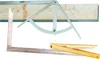 Three different measuring tools are displayed against a white background. One is a large L-shaped square ruler, another is a triangular protractor with a sliding arm, and the third is a folded wooden ruler. Anteprima dell’immagine prodotto