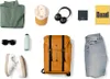 A flat lay of various items including clothing, accessories, and a backpack. Náhled obrázku produktu