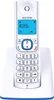 A white Alcatel cordless phone with a blue base and blue accents on the handset, displayed on its charging base. Anteprima dell’immagine prodotto