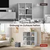A split image showing a before and after of a room organized with storage boxes. The top half shows a messy room with items on the floor and an unorganized shelf. The bottom half shows the same room organized with storage boxes in a shelf unit. Produktbild-Vorschau