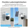 Two different power options for a security camera are shown: one with a rechargeable battery and another with a solar panel. Produktbild-Vorschau