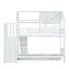 A white bunk bed with a house-shaped top frame, a staircase on the left, and a pull-out drawer underneath the bottom bunk. Produktbild-Vorschau