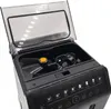 Close-up view of the top of a black automatic espresso and cappuccino machine, with the transparent lid open. Voir les images du produit