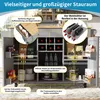 A kitchen island with various storage compartments and features highlighted with text overlays. Podgląd zdjęcia produktu