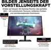 A marketing image for a 4K gaming monitor, showcasing its features and visual capabilities with a game scene displayed on the screen. Produktbild-Vorschau