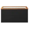 A black poly rattan planter with a wooden frame, shown from the front on a white background. Náhľad obrázku produktu