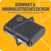 A black power bank is shown on a yellow background with marketing text. Produktbild-Vorschau