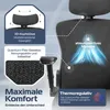 A close-up marketing image of an ergonomic office chair, highlighting its features with text overlays and diagrams. Produktbild-Vorschau