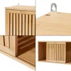 A collage of four close-up images showing different angles and details of a wooden wall shelf with sliding slatted doors. Produktbild-Vorschau