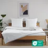 A neatly made bed with white bedding and two white pillows, set against a light gray wall with a framed abstract artwork above. A plant is visible to the left, and a bedside table with a vase of dried flowers is on the right. Voir les images du produit
