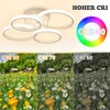 A modern LED ceiling light with multiple rings, shown with color rendering index (CRI) comparisons. Podgląd zdjęcia produktu