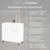 A white bathroom vanity with a sink and faucet, accompanied by a list of features. Náhled obrázku produktu
