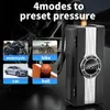 A digital collage showcasing an air pump with different preset modes for motorcycles, bikes, cars, and balls. The air pump is presented prominently on the right side of the image, with a digital display showing pressure. Smaller inset images of a motorcycl Produktbild-Vorschau
