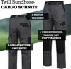 A marketing image showing two views of a pair of gray cargo pants with black accents, with text overlays highlighting features. Produktbild-Vorschau