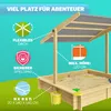 A sandbox with a roof and informational callouts. Produktbild-Vorschau