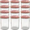 A set of twelve clear glass jars with red and white checkered lids. Voir les images du produit