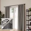A room with a window dressed with gray curtains and sheer white curtains, a black curtain rod, and a black shelf unit with plants and decor. Podgląd zdjęcia produktu