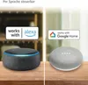 Two smart speakers, one compatible with Alexa and the other with Google Home, are displayed on a wooden surface. Produktbild-Vorschau