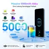 Marketing image showcasing a smartphone's battery life and features with icons and text. Produktbild-Vorschau