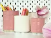 A still life arrangement of decorated tin cans holding colored pencils, with magnolia petals in the foreground and background. Náhled obrázku produktu