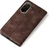 A brown leather flip case for a smartphone is shown against a white background. Produktbild-Vorschau