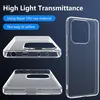 Product marketing image showing a clear phone case from multiple angles, with text highlighting its features. Produktbild-Vorschau