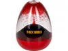 An egg-shaped lava lamp with red glitter suspended in clear liquid above a black volcanic-like base. Produktbild-Vorschau