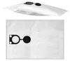 Two views of a white vacuum cleaner bag with a black plastic fitting. Produktbild-Vorschau