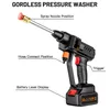 A cordless pressure washer with labels pointing out its features. Produktbild-Vorschau